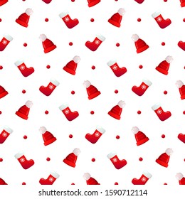 Winter holiday seamless pattern. Red hats and gift stockings vector background design.