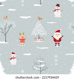 Winter holiday seamless pattern with Santa Claus and friends happy on winter night for Christmas or new year decorative,vector illustration