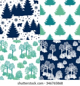 Winter Holiday seamless pattern set with christmas trees, bears, snowflakes. Vector falling snow background for christmas card. 