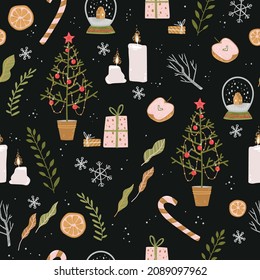 Winter holiday seamless pattern with snow, tree, gifts and other winter celebration symbols. Christmas and New Year decorations.