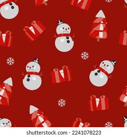 Winter holiday seamless pattern with snowman, gift, snowflake and tree. Cartoon flat design for wallpapers, wrapping, textile prints, backgrounds.
