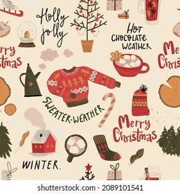 Winter holiday seamless pattern with sweater, snow, tree, cocoa and other winter symbols and hand lettering. Christmas and New Year decorations.