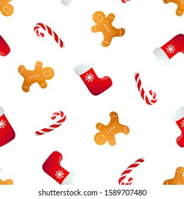 Winter holiday seamless pattern. Traditional gingerbread cookies, candy canes and gift stockings. Vector background design