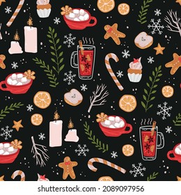 Winter holiday seamless pattern with treats, cocoa and other winter symbols. Christmas and New Year decorations.