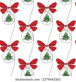 Winter holiday seamless pattern vector. Christmas tree ball bauble red ribbon bow line continuous background. Hand drawn graphic illustration, banner, card, poster, festive ornament, wallpaper, print.