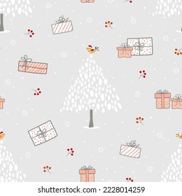 Patrón ininterrumpido de vacaciones de invierno, celebrar tema con adorables cajas de regalo dibujadas a mano sobre fondo gris, ilustración vectorial