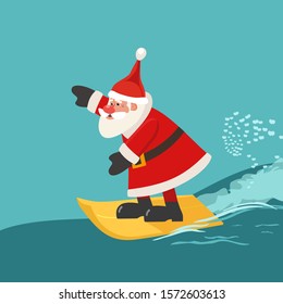 Winter holiday seaside vacation icon. Hand drawn cute surfing Santa cartoon. Christmas season sea fun rest. Quirky surfer Santa Claus enjoy surfing on ocean waves. Vector new year travel background