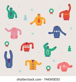 Winter holiday season background pattern made of cozy funny ridiculous sweaters, cardigans, pullovers and jumpers