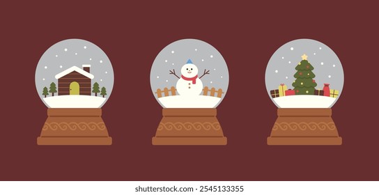 Winter holiday season snow globes set illustration. Cartoon style flat vector clip art for Christmas.