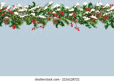 Winter holiday seasonal snowy design. Holiday image with christmas tree branches, berries and snowflakes. Greeting or invitation banner