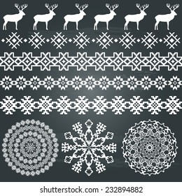 Winter holiday set in white colour on chalkboard background. Deer and snowflakes borders, ethnic borders and round patterns. Could be used for web, cards, decorations, etc. Vector illustration