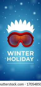 Winter holiday ski goggles and hairstyle on blue background