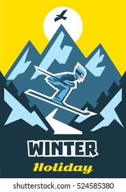 Winter holiday. The skier is heading down the slope. Leap from the mountain. Designed for printing of invitations, greeting cards, advertising. Fresh air. Winter landscape. Vector illustration.