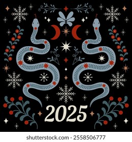 Winter Holiday Snake Vector Illustration.new Year Greeting Card featuring two decorative snakes, surrounded by snowflakes, stars, moon. Black background