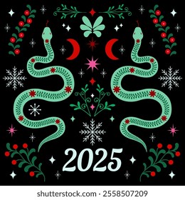 Winter Holiday Snake Vector Illustration.new Year Greeting Card featuring two decorative snakes, surrounded by snowflakes, stars, moon. Black background