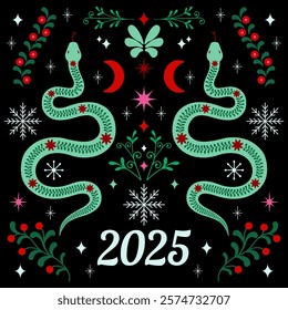 Winter Holiday Snake Vector Illustration. New Year Greeting Card featuring two decorative snakes, surrounded by snowflakes, stars, moon. Black background	