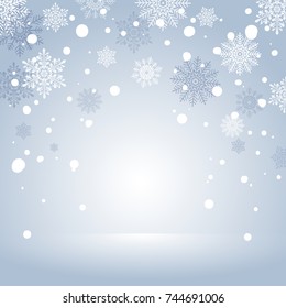 Winter Holiday Snow Background for banner or greeting card. Blue Christmas Abstract Backdrop Frame with Snowflakes.