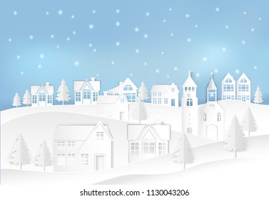 Winter holiday and snow in city town with blue sky background. Christmas season paper art style illustration.