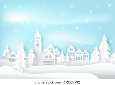 Winter holiday and snow in city town with blue sky background. Christmas season paper art style illustration.