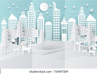 Winter holiday snow in city town background with deer and tree. Christmas season paper art style illustration