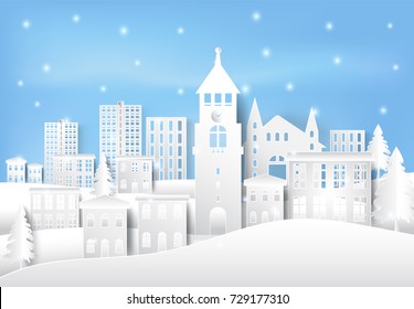 Winter holiday and snow in city town paper art background. Christmas season paper cut style illustration