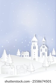 Winter holiday snow falling in the village on hill background. Christmas season paper cut style illustration.