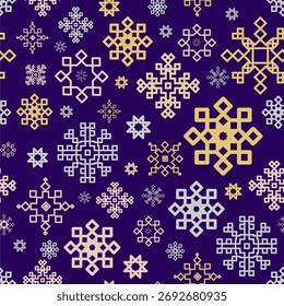 Winter Holiday Snowflakes seamless pattern in Modern Folk style. Christmas holiday background for wrapping paper, holiday cards, winter packaging, textiles, festive branding, digital design. Vector