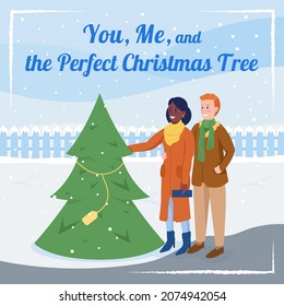 Winter holiday social media post mockup. You, me and perfect Christmas tree phrase. Web banner design template. Booster, content layout with inscription. Poster, print ads and flat illustration