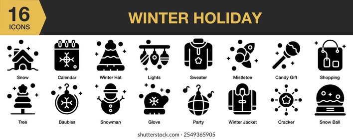 Winter Holiday solid icon set. Includes snow, calendar, winter hat, sweater, party, snowman, tree, baubles, and More. Solid icons vector collection.