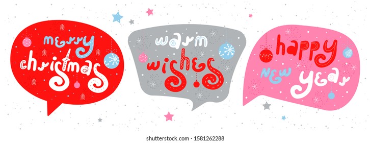 Winter holiday speech bubbles set. Christmas and New year stickers with a wish. Doodle holiday card collection