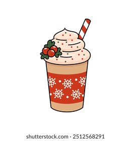 Winter holiday spiced drink in mug. Warm cacao cup with whipped cream and berry. Sweet cozy Christmas beverage. Seasonal tasty coffee. Vector illustration isolated on white background