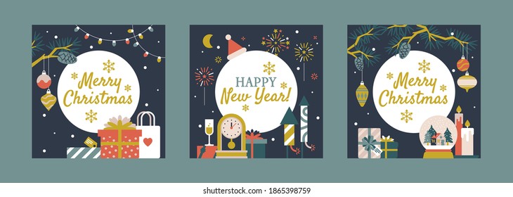 Winter holiday square card templates with present, firework, clock, toy and others flat elements. Merry Christmas and Happy New Year design greetings set with text place for social media or email