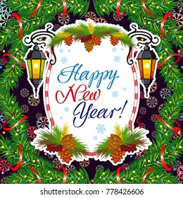 Winter holiday square card with vintage lanterns, pine branches and artistic written text "Happy New Year!". Design element for greeting cards and other graphic designer works. Vector clip art.