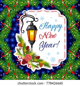 Winter holiday square card with vintage lanterns, pine branches and artistic written text "Happy New Year!". Design element for greeting cards and other graphic designer works. Vector clip art.