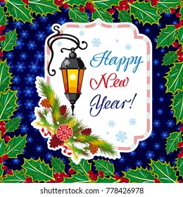 Winter holiday square card with vintage lanterns, pine branches and artistic written text "Happy New Year!". Design element for greeting cards and other graphic designer works. Vector clip art.
