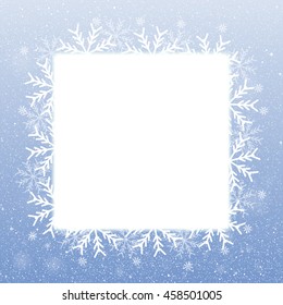 Winter holiday square frame style with fall shining snow. Falling white snow with blue winter sky. Merry Christmas, New Year background, banner, poster, card. Vector frames snowflakes illustration.