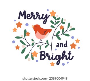 Winter holiday sticker design. Merry Christmas decoration, festive decor composition with cute bird singing on season berry branch, mistletoe. Flat vector illustration isolated on white background