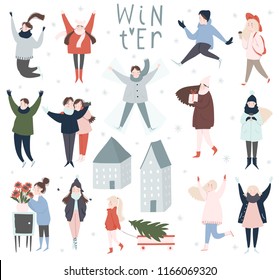 Winter holiday sticker set with people in vector. People jumping, playing, having fun under snow. Stylish illustrations in pastel colors
