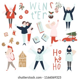 Winter holiday sticker set with people and other elements in vector. People jumping, playing,  taking selfie, having fun under snow. Stylish illustrations in pastel colors