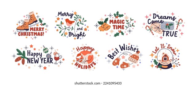 Winter holiday stickers with Merry Christmas and Happy New Year typography. Xmas compositions with quotes, festive advent decorations set. Flat vector illustrations isolated on white background