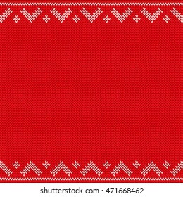 Winter Holiday Sweater Design. Red Seamless Knitting Pattern. Vintage Banner. Place For Text. Vector Illustration.