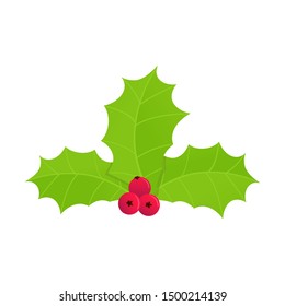 Winter and holiday symbol - holly berries icon sign. Green leaves and red berries cartoon flat style gradient design vector illustration isolated on white background