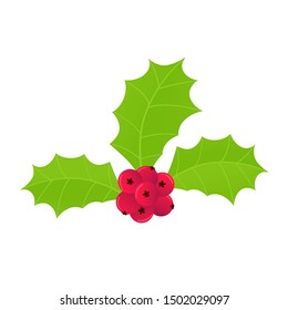 Winter and holiday symbol - holly berries icon sign. Green leaves and red berries cartoon flat style gradient design vector illustration isolated on white background