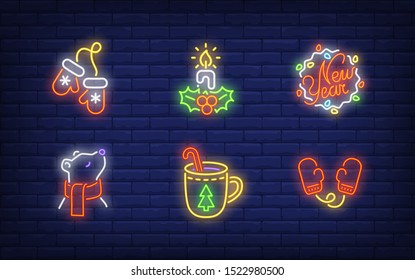 Winter holiday symbol neon sign collection. Glowing neon bear, mittens. Holiday, celebration, present. Vector illustration in neon style for greeting card, invitation, announcement