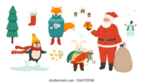 Winter holiday symbols bundle. Christmas celebration vector illustrations set. Santa Claus and cute animals isolated characters on white background. EPS 8.