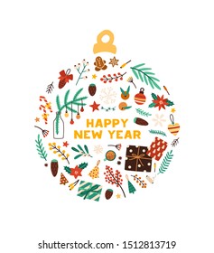 Winter holiday symbols flat vector illustration. Xmas greeting card with congratulations, postcard design element. Festive accessories in christmas tree toy shape with happy new year typography.