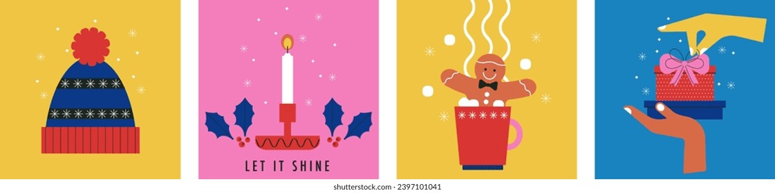 Conjunto de símbolos de vacaciones de invierno. Colección Navidad y Año Nuevo Feliz. Elementos de diseño invernal. Presenta. Velas. Sorpresa. Colores brillantes. Decoración navideña. Ilustración vectorial plana. Estilo escandinavo.