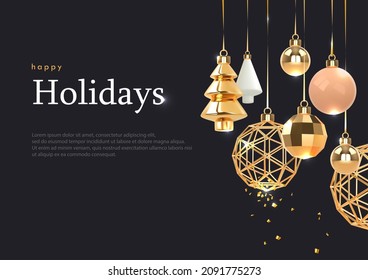 Winter holiday template. Christmas and New Year black background with gold сhristmas ornaments, xmas balls and tree in a modern realistic style