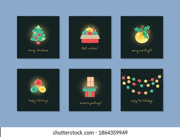 Winter holiday templates. Collection of greeting cards and backdrops with Christmas decorations on a dark background. Suitable for social media post and web banner design. Vector 10 EPS.