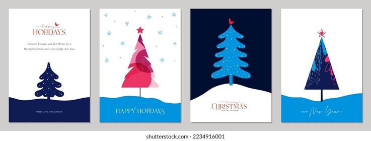 Winter Holiday templates. Universal Abstract Christmas cards with decorative Christmas Tree, birds, snowflakes, copy space and greetings.